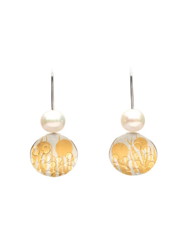 Round Wattle Hook Earrings – Silver, Gold & Pearl