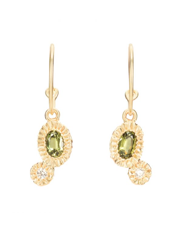 Asymmetric Oval Teeth Gem Hoops – Green Sapphire & Diamond