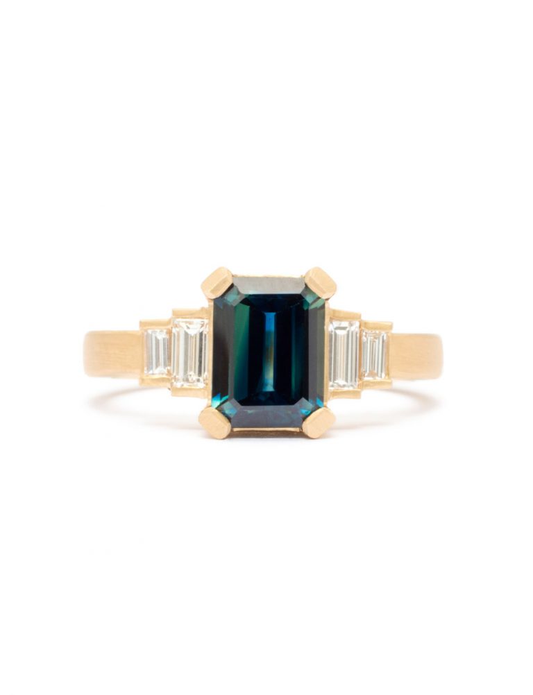 Deco Ring – Gold, Diamonds & Teal Sapphire
