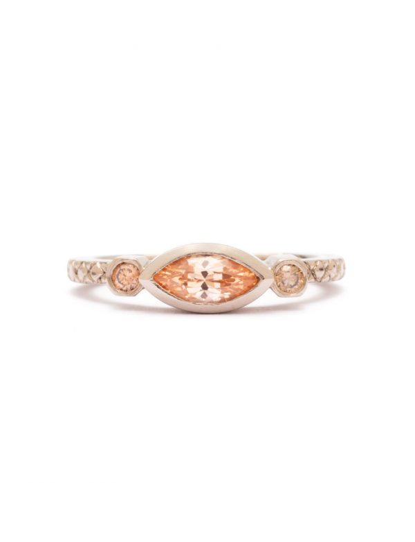 Trilogy Ring – White Gold, Diamond & Apricot Sapphire