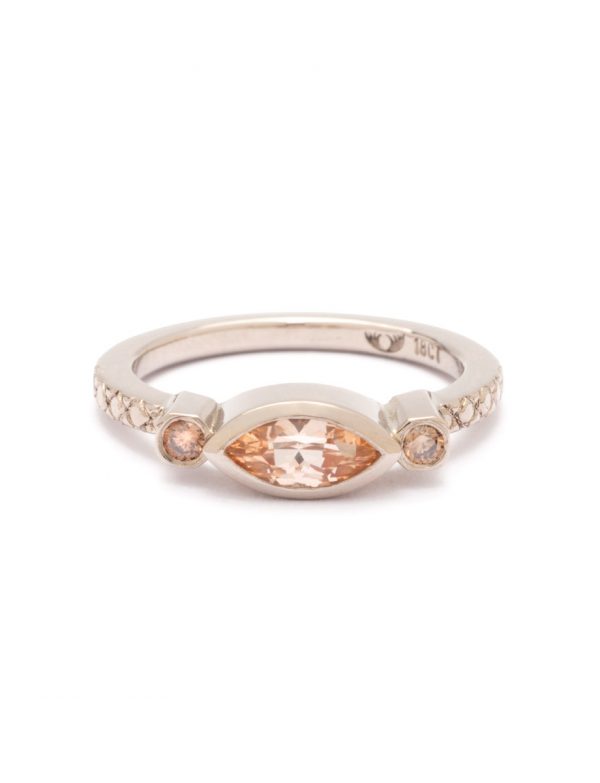 Trilogy Ring – White Gold, Diamond & Apricot Sapphire