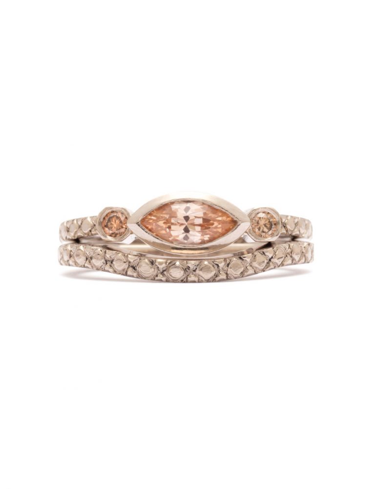 Trilogy Ring – White Gold, Diamond & Apricot Sapphire