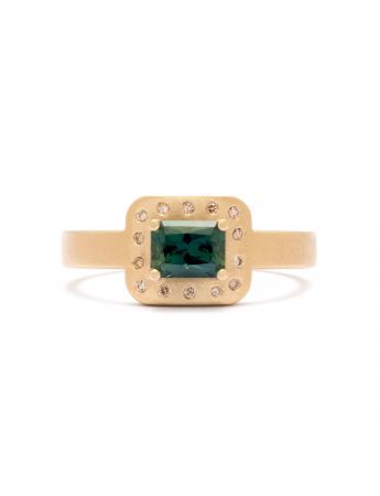 Rectangle Outline Ring – Teal Sapphire & Diamond