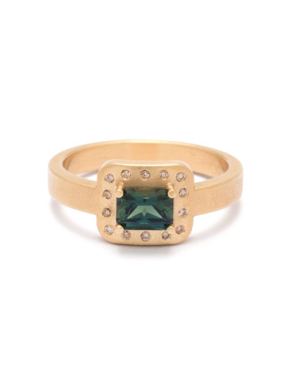 Rectangle Outline Ring – Teal Sapphire & Diamond