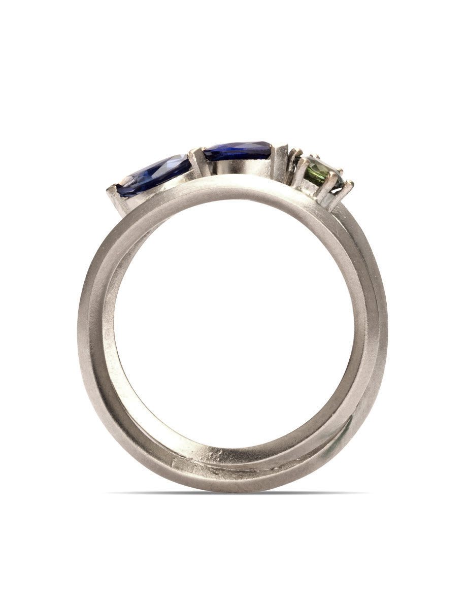 Triple Stone Triple Coil Ring – White Gold & Sapphires