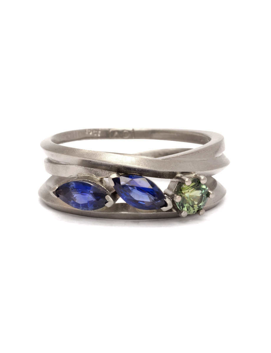 Triple Stone Triple Coil Ring – White Gold & Sapphires