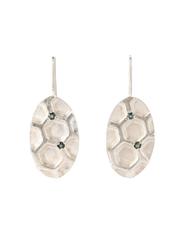 Oval Hexagon Pattern Hook Earrings – Silver & Green Tourmaline