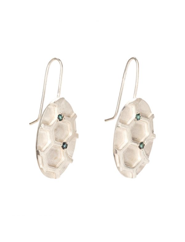 Oval Hexagon Pattern Hook Earrings – Silver & Green Tourmaline