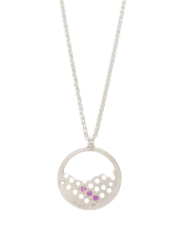 Round Perforated Pattern Pendant – Silver & Pink Sapphire