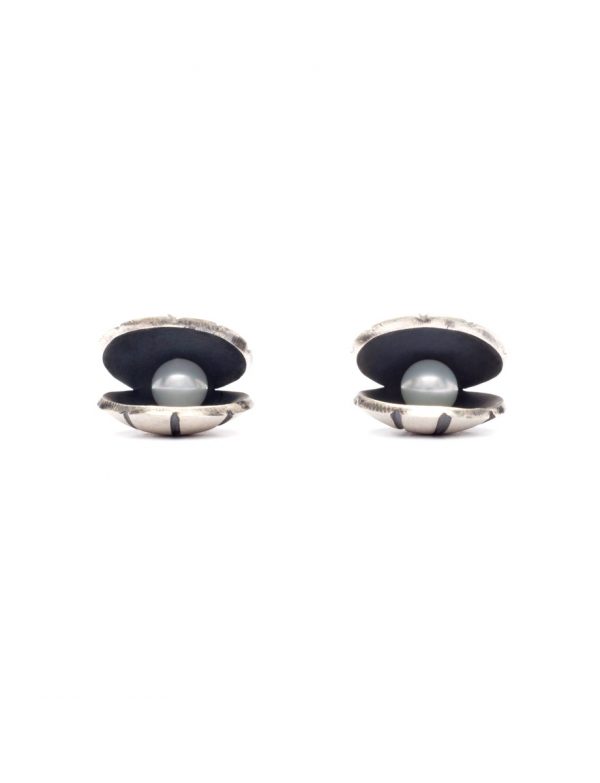 Clam Stud Earrings – Silver & Pearl