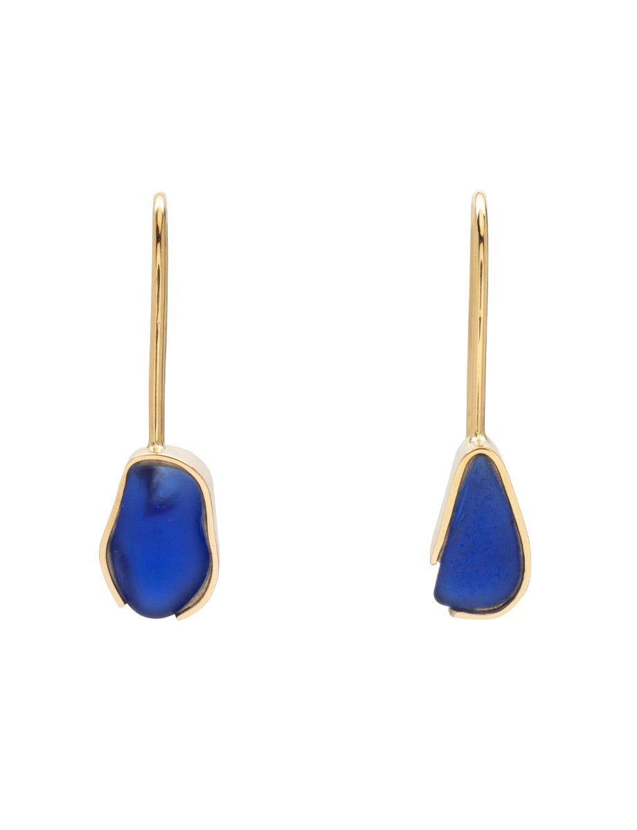 Small Dark Blue Beach Glass Earrings – Yellow Gold