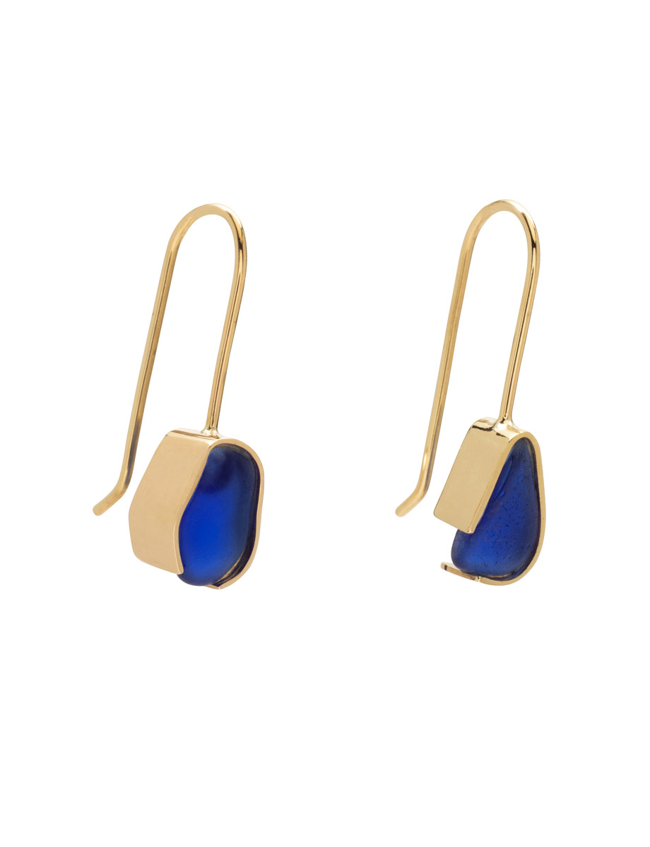 Small Dark Blue Beach Glass Earrings – Yellow Gold
