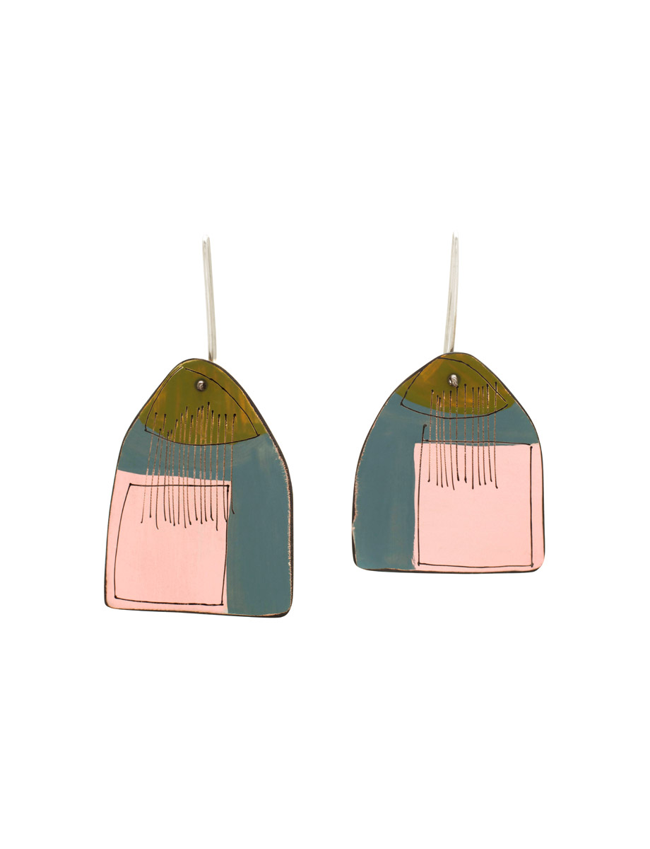 Still Life Reversible Apron Earrings – Olive, Pink & Grey