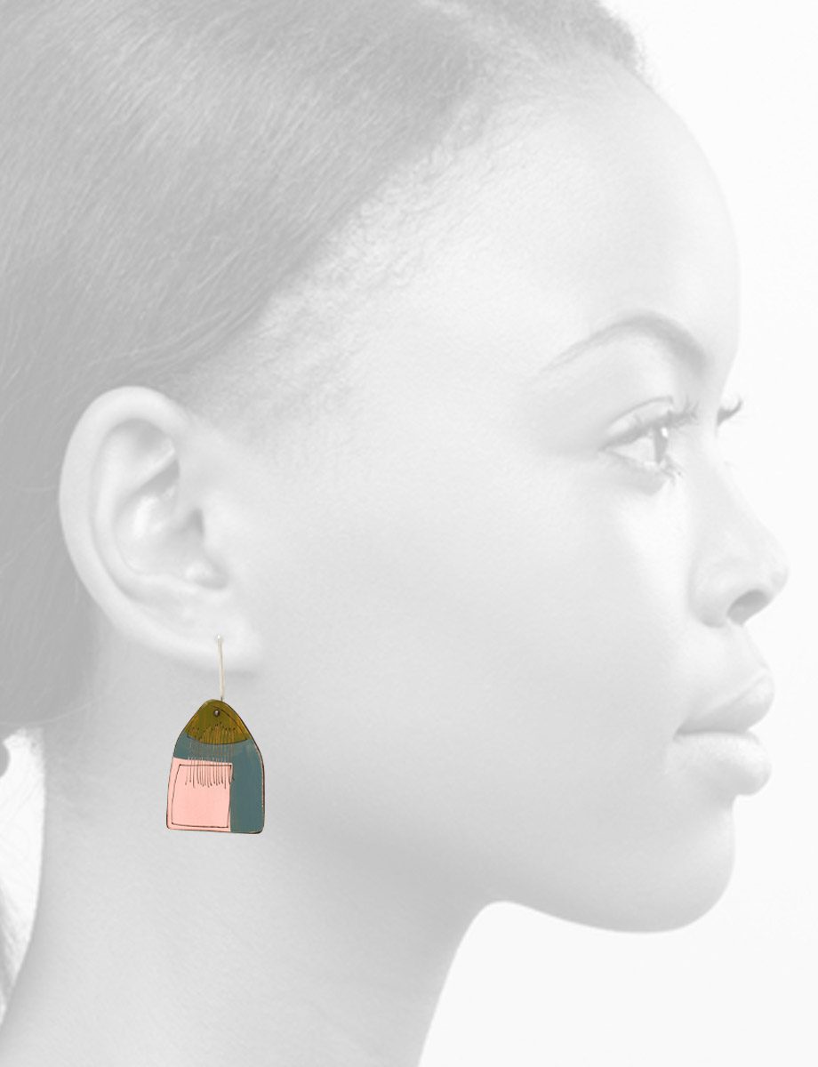 Still Life Reversible Apron Earrings – Olive, Pink & Grey