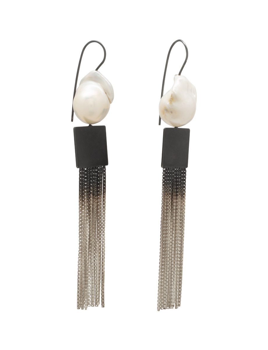 Shikaku Box On Box Chain Earrings – White Baroque Pearls