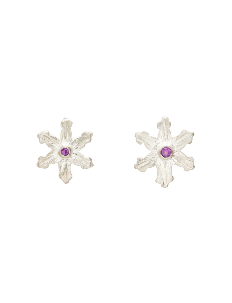 Snowflake Stud Earrings – Silver & Amethyst