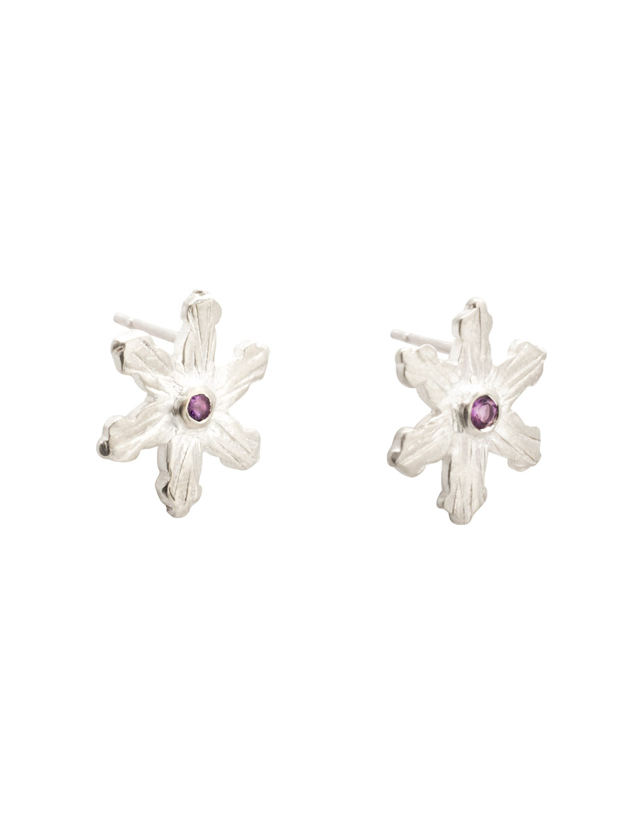 Snowflake Stud Earrings – Silver & Amethyst