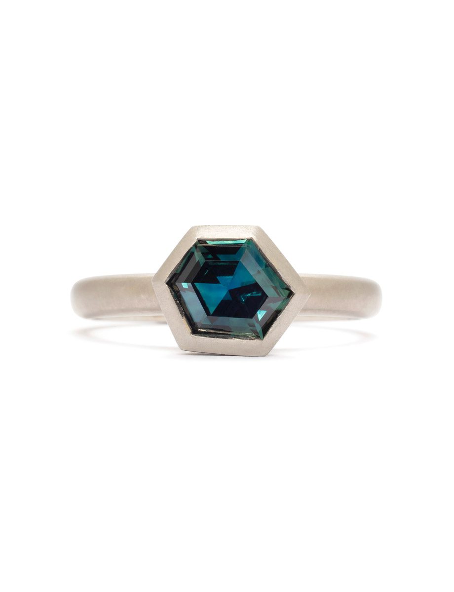 Morning Frost Ring – White Gold & Teal Sapphire