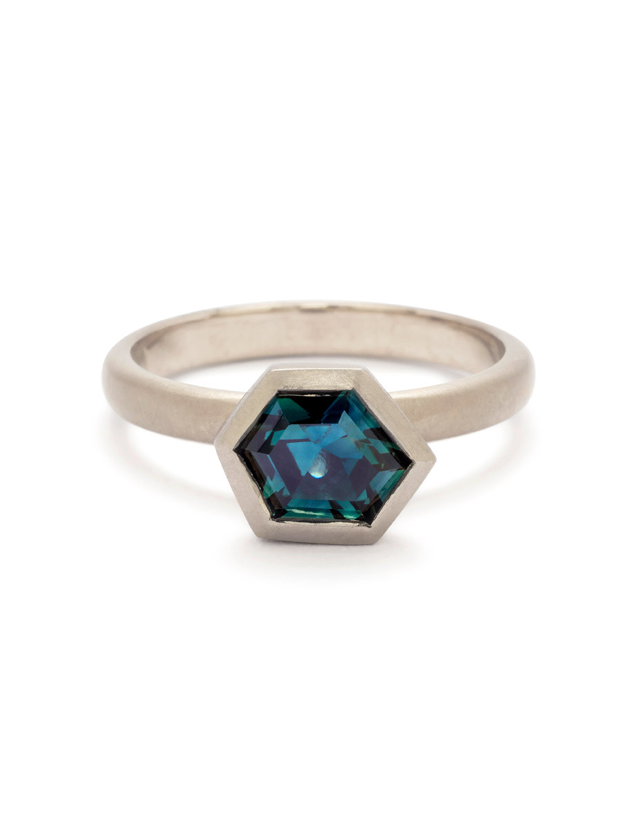 Morning Frost Ring – White Gold & Teal Sapphire