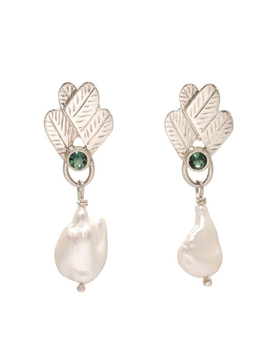 Feather Drop Earrings – Pearl & Tourmaline