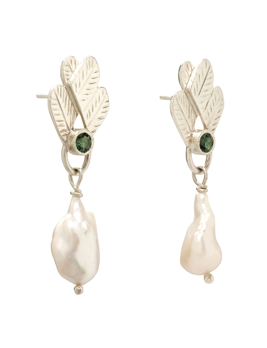 Feather Drop Earrings – Pearl & Tourmaline