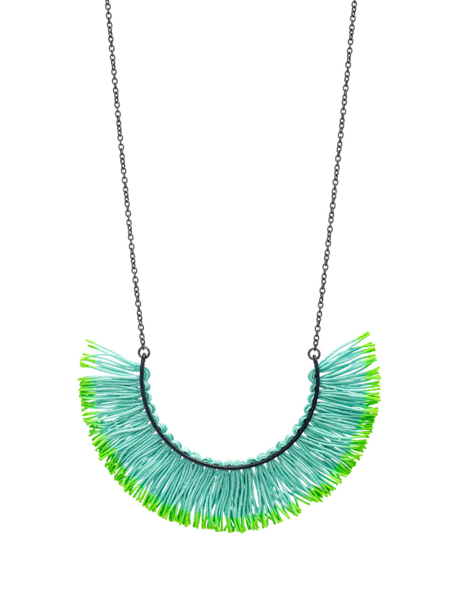 Fringed Half Hoop Necklace – Silver & Green Linen