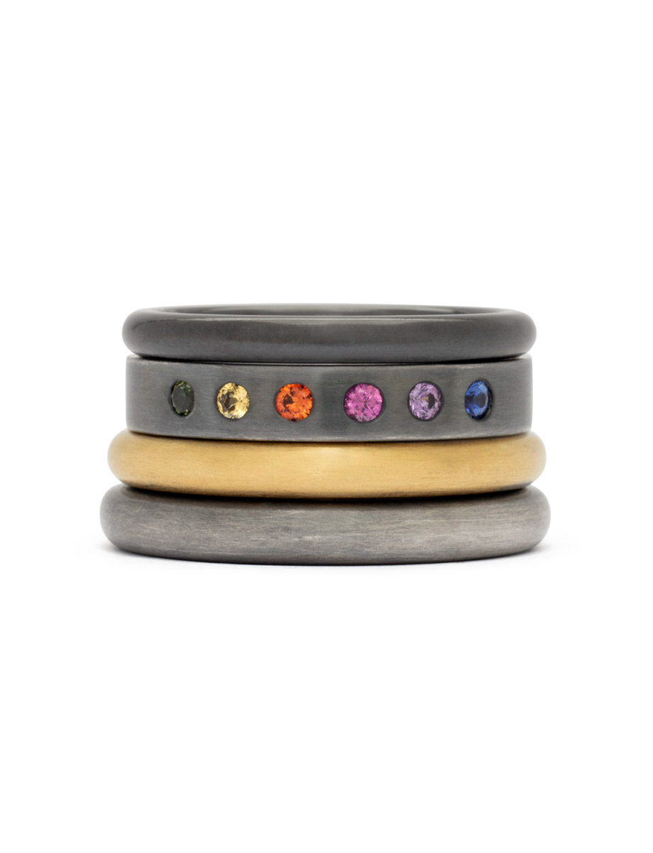 4 Stack Spectrum Ring – Yellow Gold, Zirconium, Sterling Silver & Sapphires