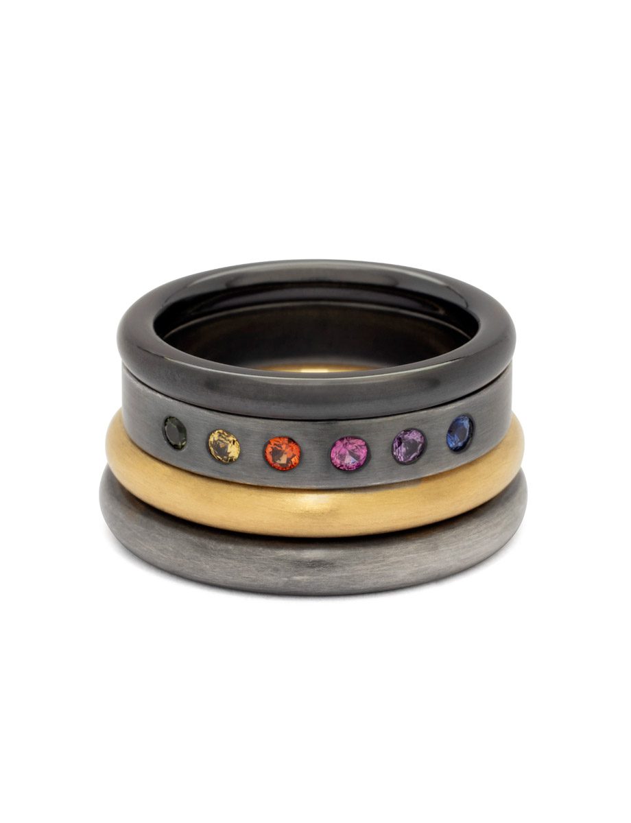 4 Stack Spectrum Ring – Yellow Gold, Zirconium, Sterling Silver & Sapphires