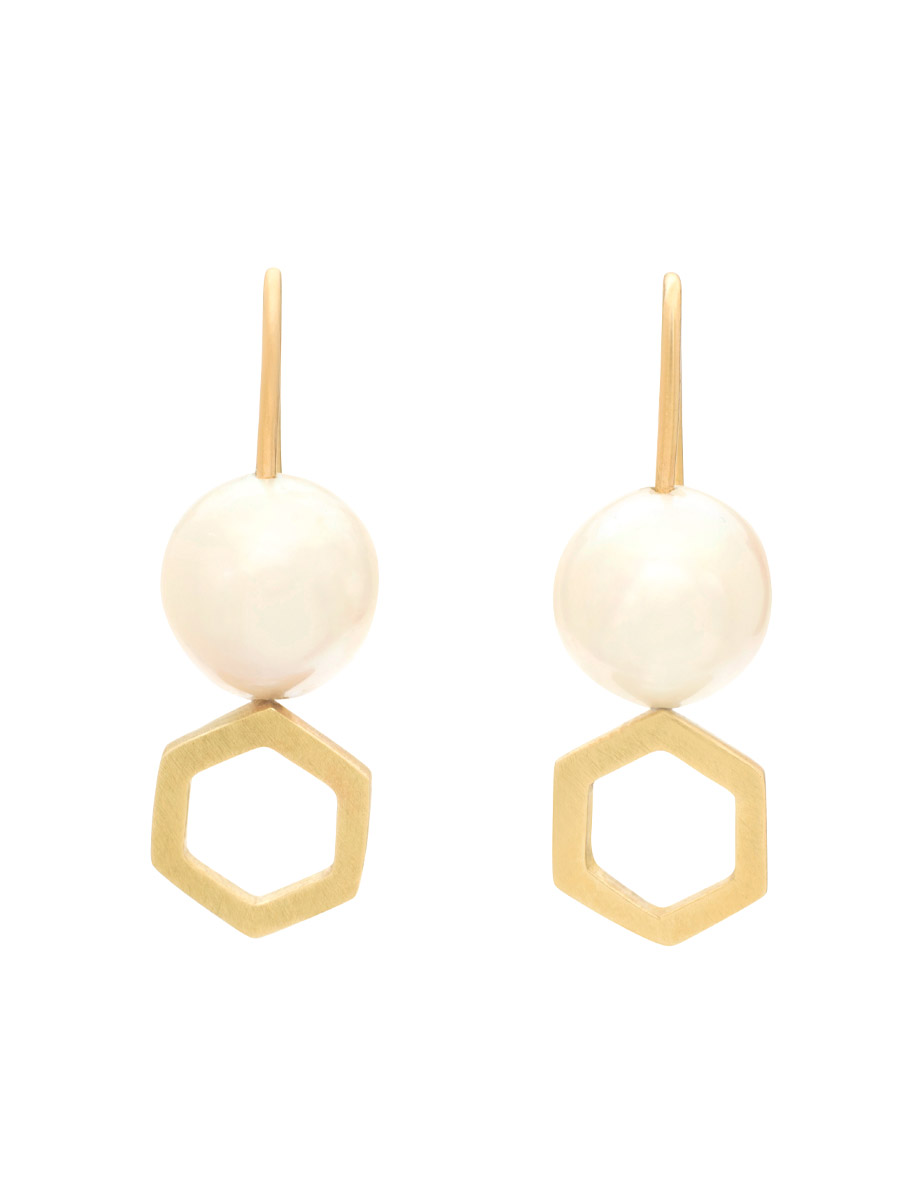 Small Hexagon Hook Earrings – Yellow Gold & Pearl