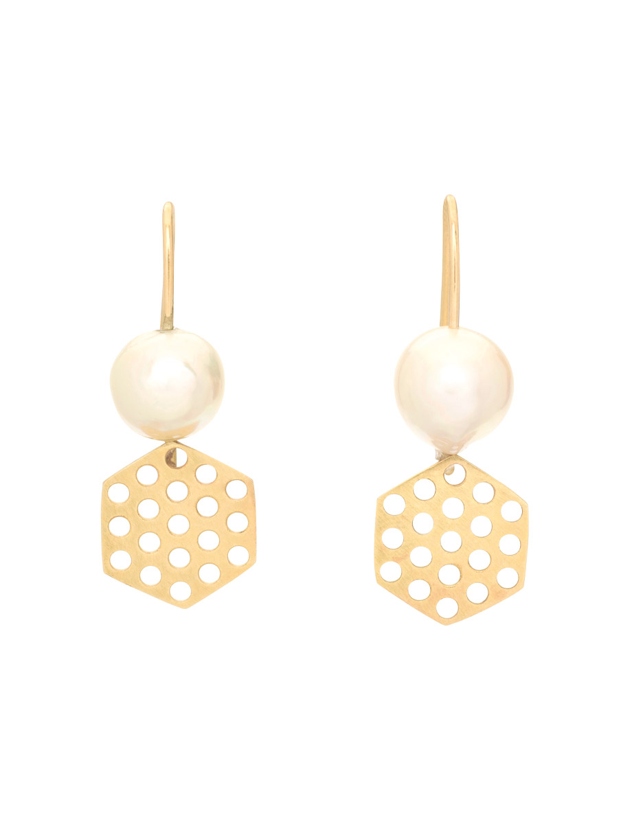 Perforated Hexagon Hook Earrings – Yellow Gold & Pearl