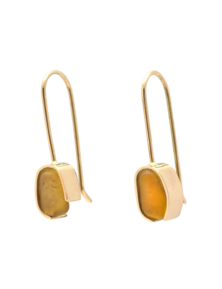 Petite Beach Glass Earrings – Gold & Honey Brown