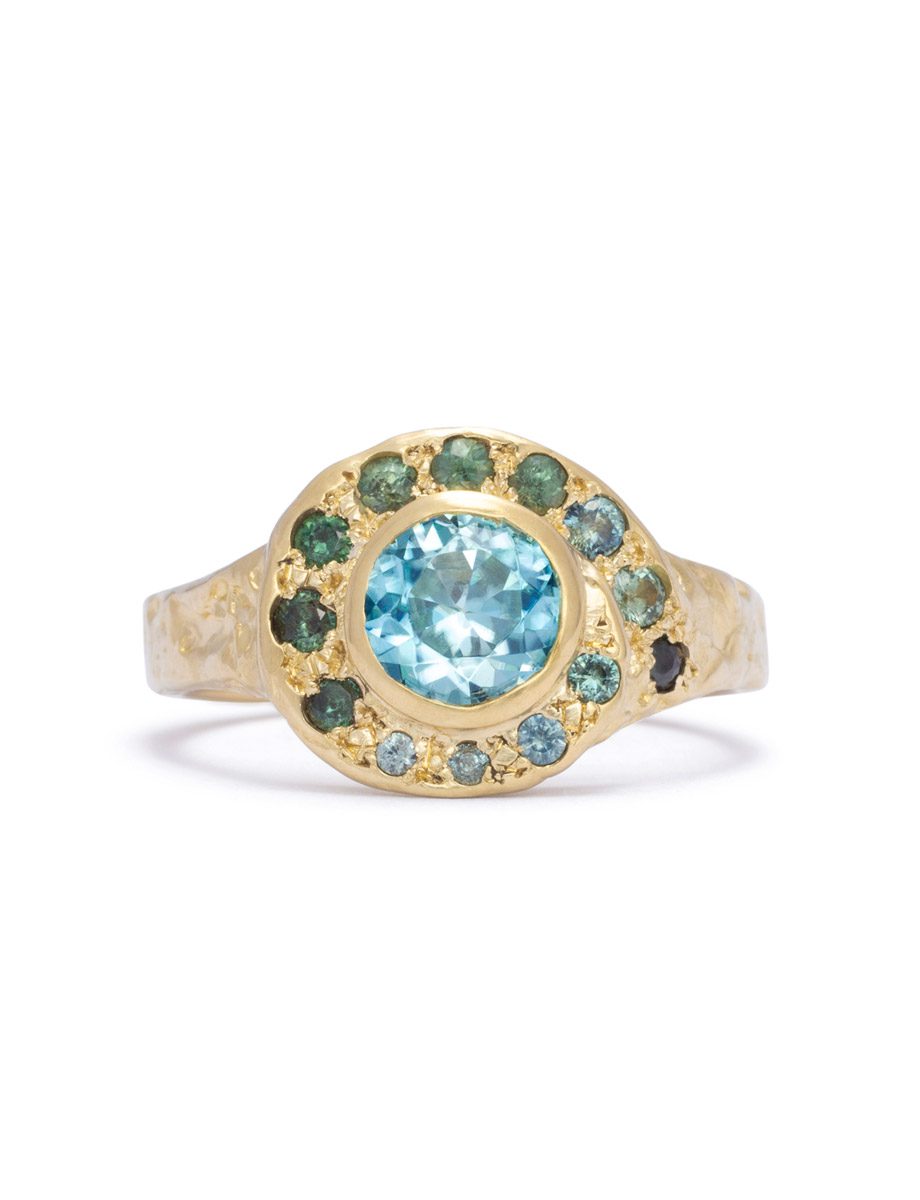 Oceanic Spiral Ring – Yellow Gold, Sapphire & Zircon