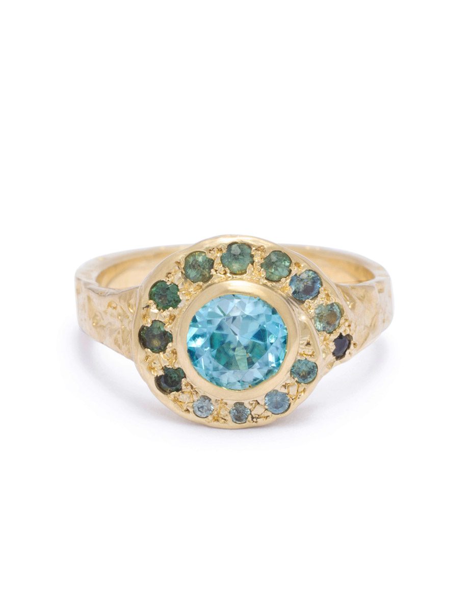 Oceanic Spiral Ring – Yellow Gold, Sapphire & Zircon