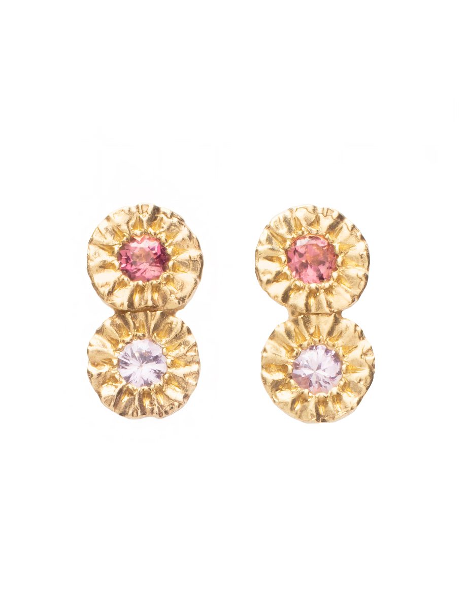 Double Teeth Gem Stud Earrings – Yellow Gold, Sapphire & Tourmaline