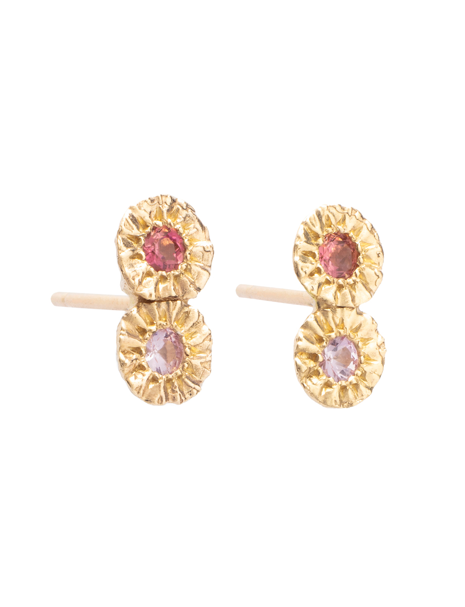 Double Teeth Gem Stud Earrings – Yellow Gold, Sapphire & Tourmaline