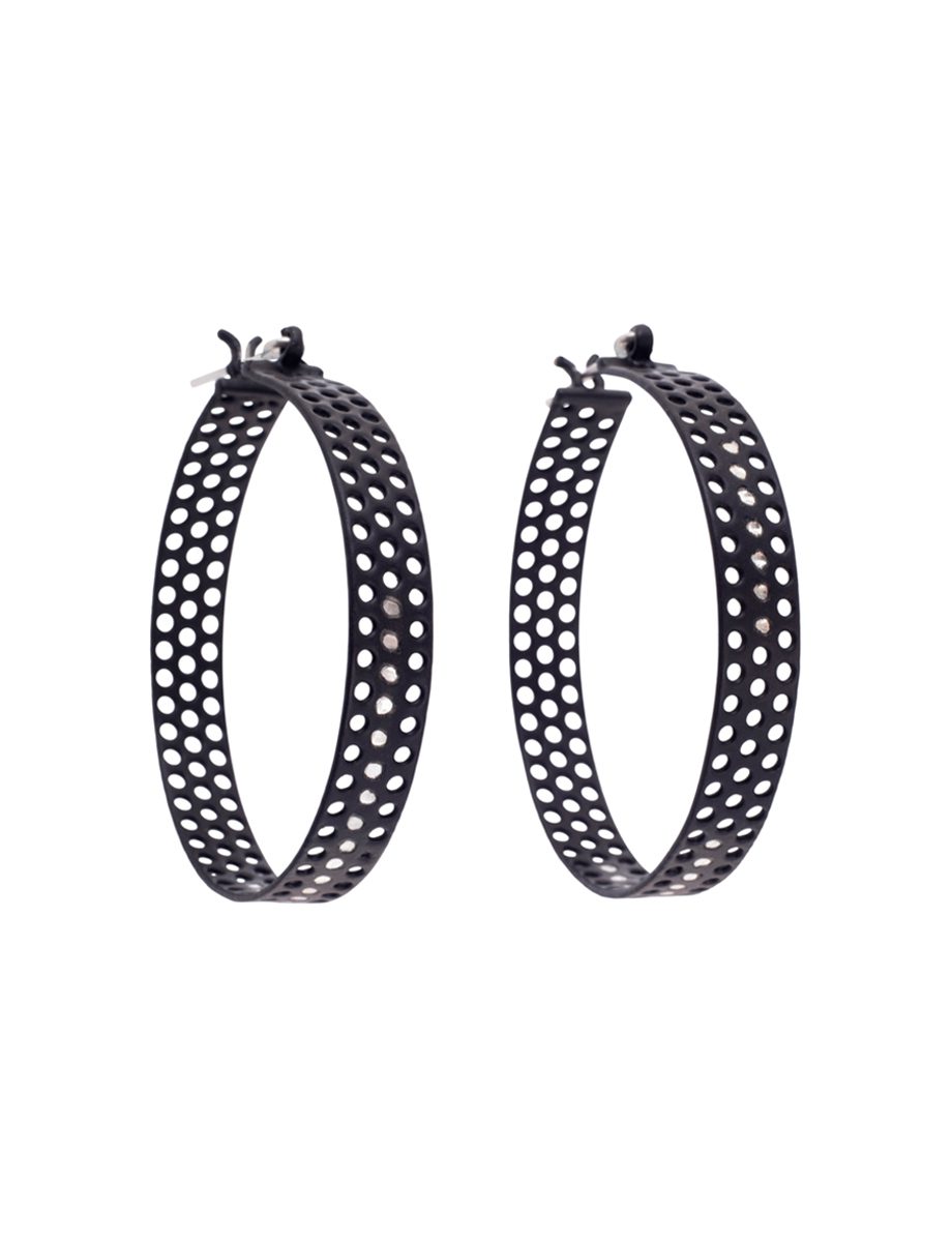 Perforated Round Hoop Earrings – Black & Silver