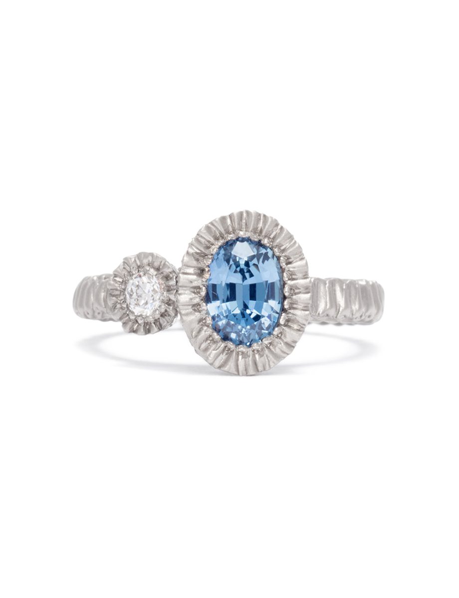 Elevated Oval Double Teeth Ring – White Gold, Sapphire & Diamond