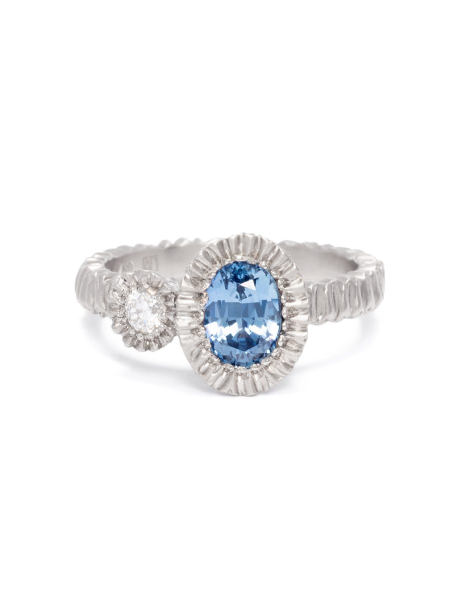 Elevated Oval Double Teeth Ring – White Gold, Sapphire & Diamond