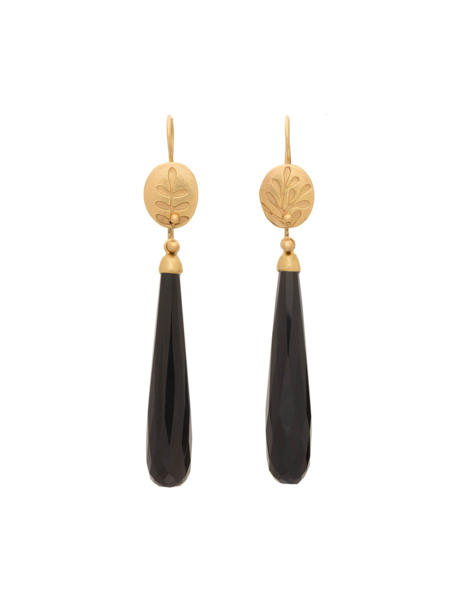 Asymmetric Foliage Earrings – Yellow Gold & Onyx