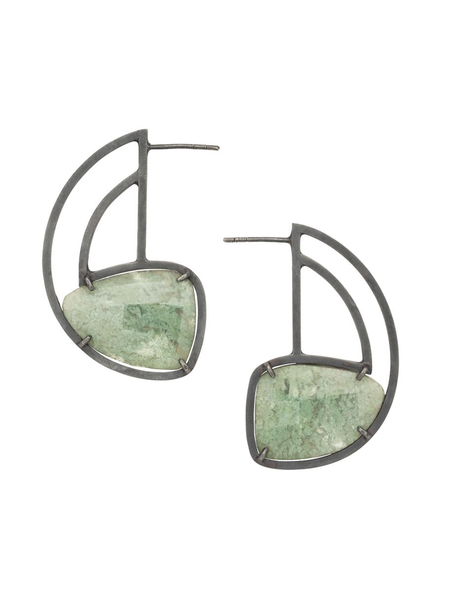 Inclusion Half Hoop Stud Earrings – Silver & Moss Agate