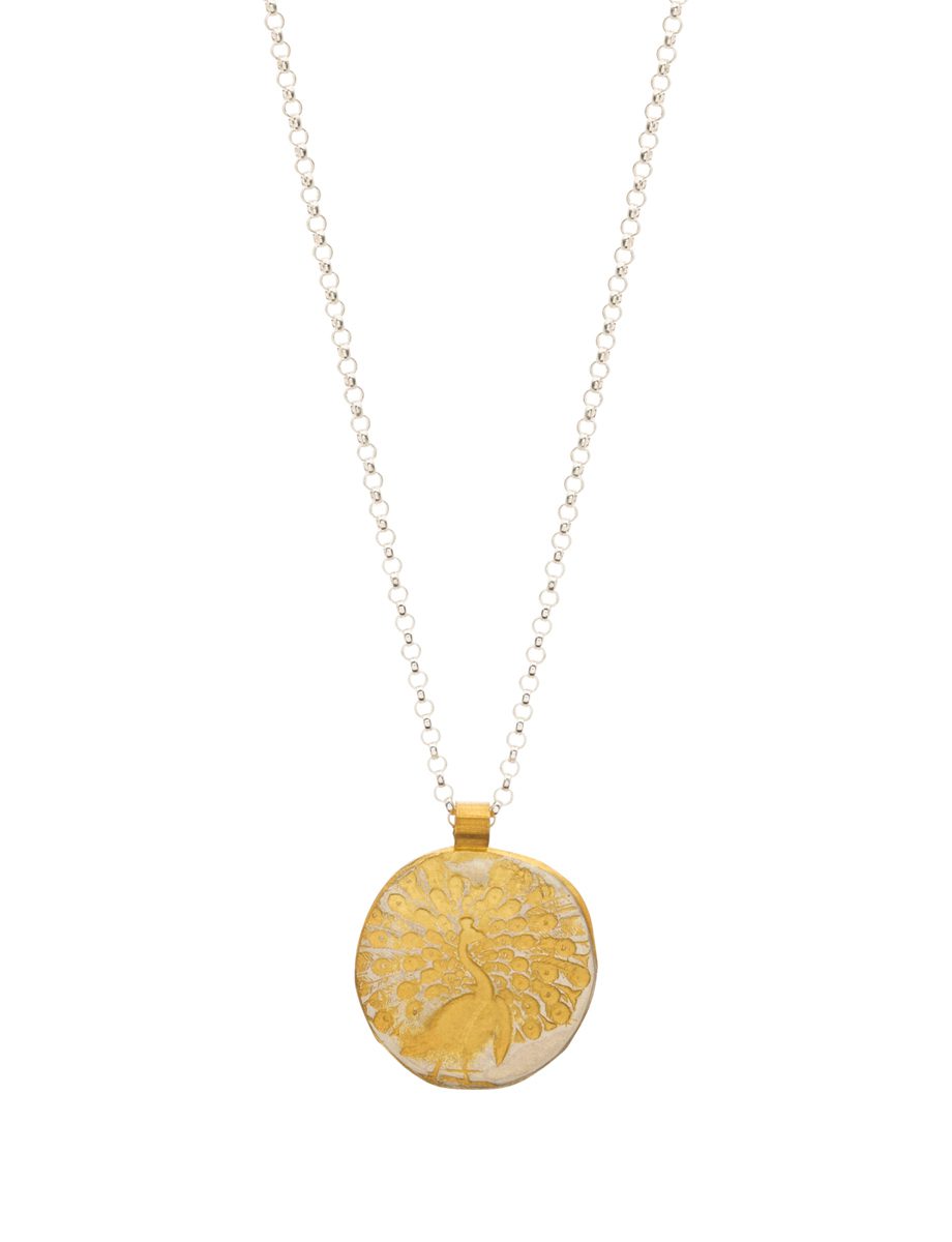 Medium Round Peacock Pendant Necklace – Gold Plate