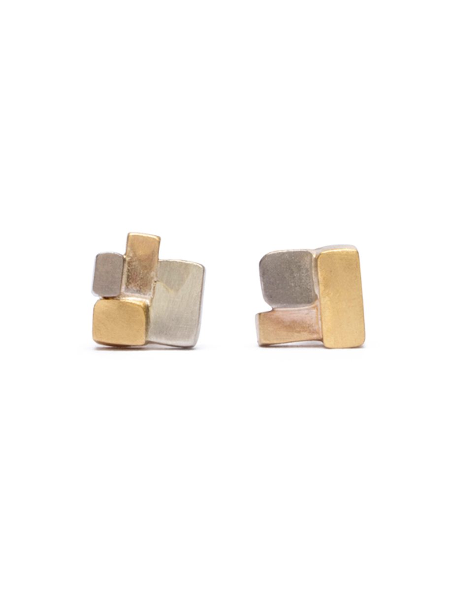 Skyline Steps Stud Earrings – Yellow & White Gold