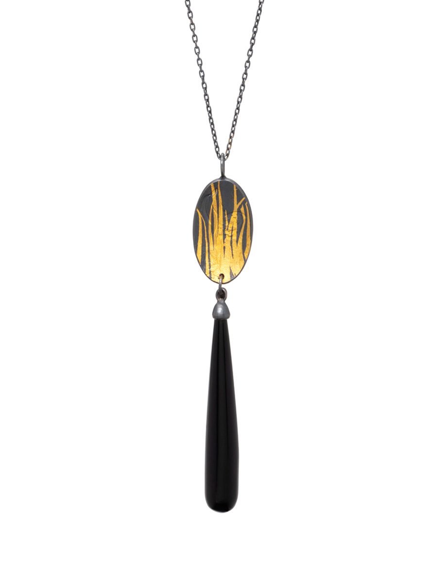 Long Hakea Pendant – Blackened Silver & Yellow Gold