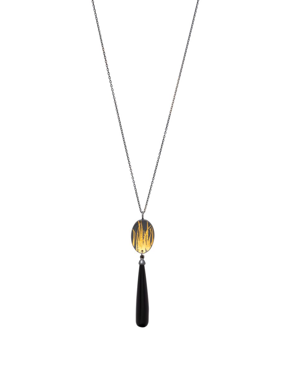 Long Hakea Pendant – Blackened Silver & Yellow Gold