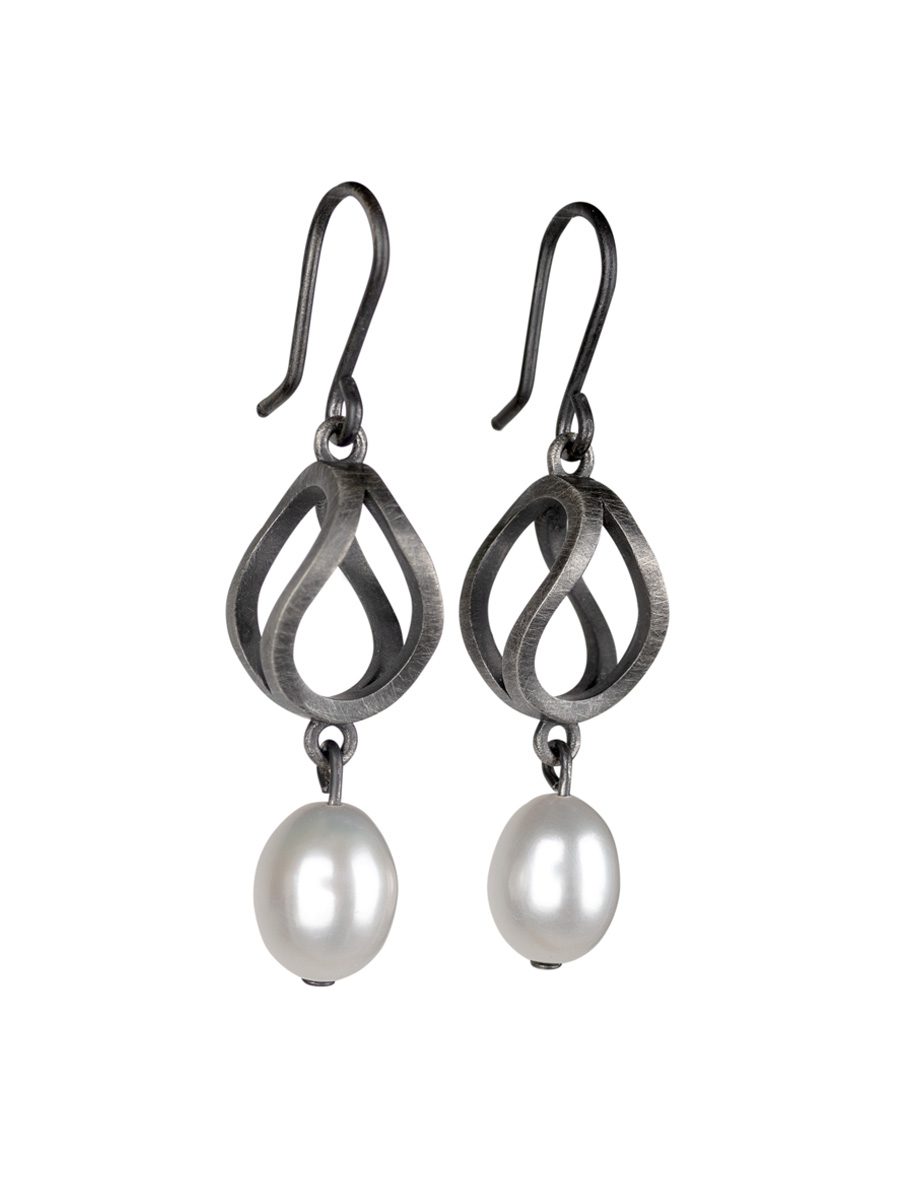 Illusions Hook Earrings – Blackened Silver & Pearl