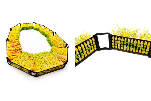 Reverse and detail shots of 'Wattle it be' by Vicki Mason in powdercoated brass, linen, cotton, silk and textile ink.