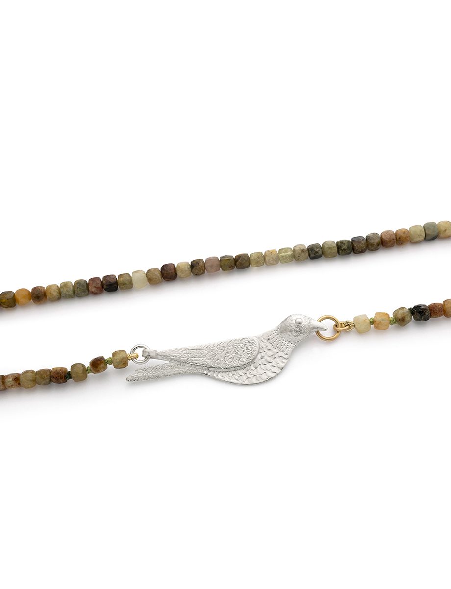 Bowerbird Necklace – Silver, Gold & Green and Brown Garnet