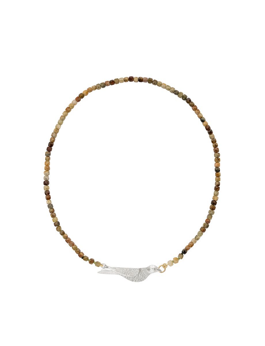 Bowerbird Necklace – Silver, Gold & Green and Brown Garnet