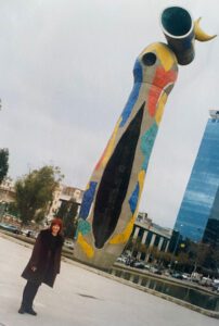 Jane Reilly stands in front of a Joan Miró sculpture in Barcelona, 2000.