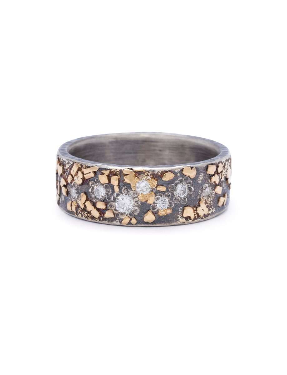 Cosmos Ring – Oxidised Silver, Yellow Gold & White Diamonds